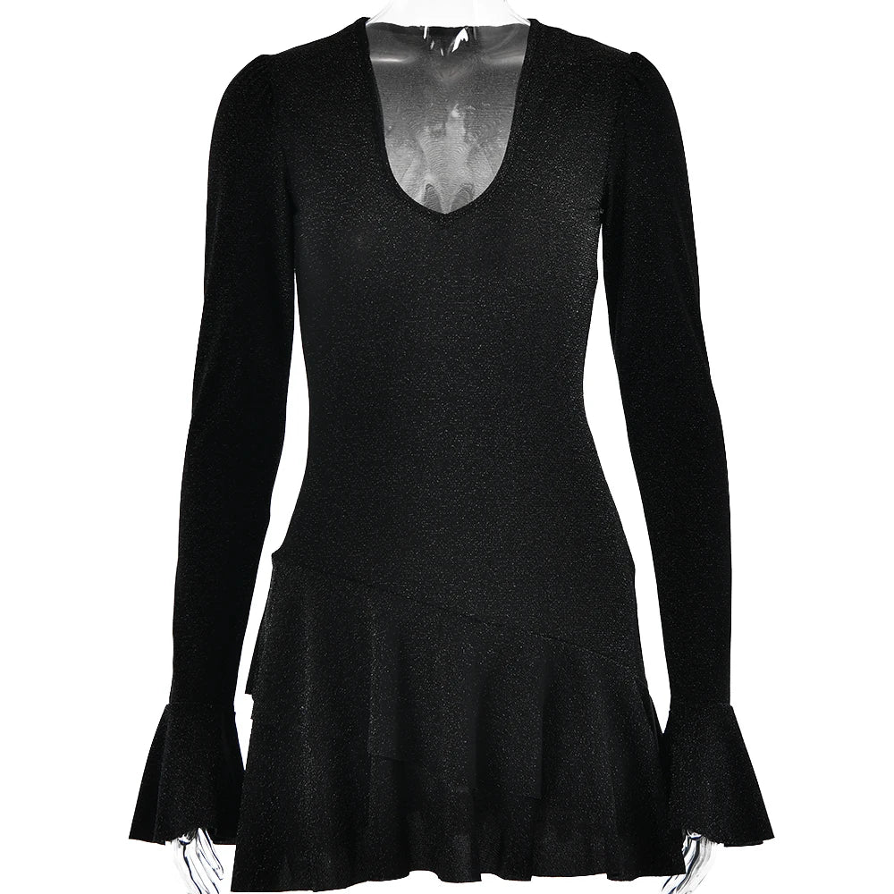 Deep V Silk Ruffled Mini Dress VestiVogue