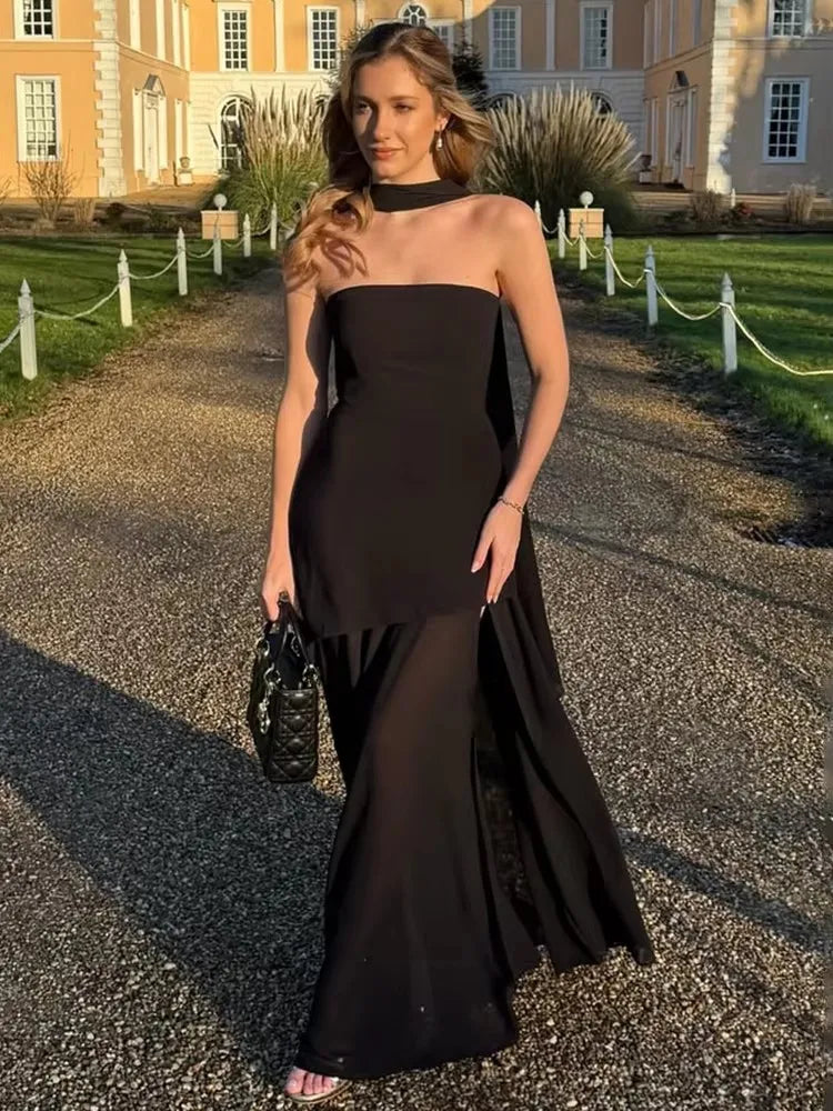 Strapless Slit Long Dress with Ribbon and Mesh VestiVogue Black M