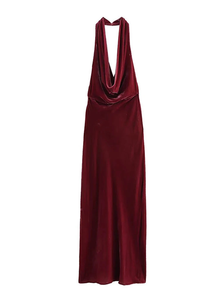 Velvet Halter Backless Maxi Dress VestiVogue