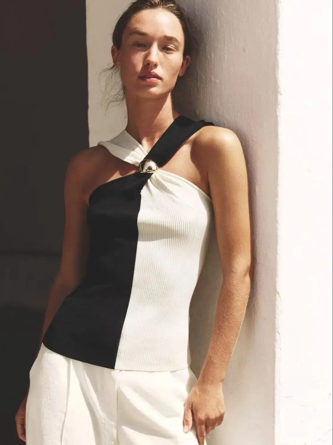 Chic Ribbed Knitted Halter Tank Top for Women VestiVogue