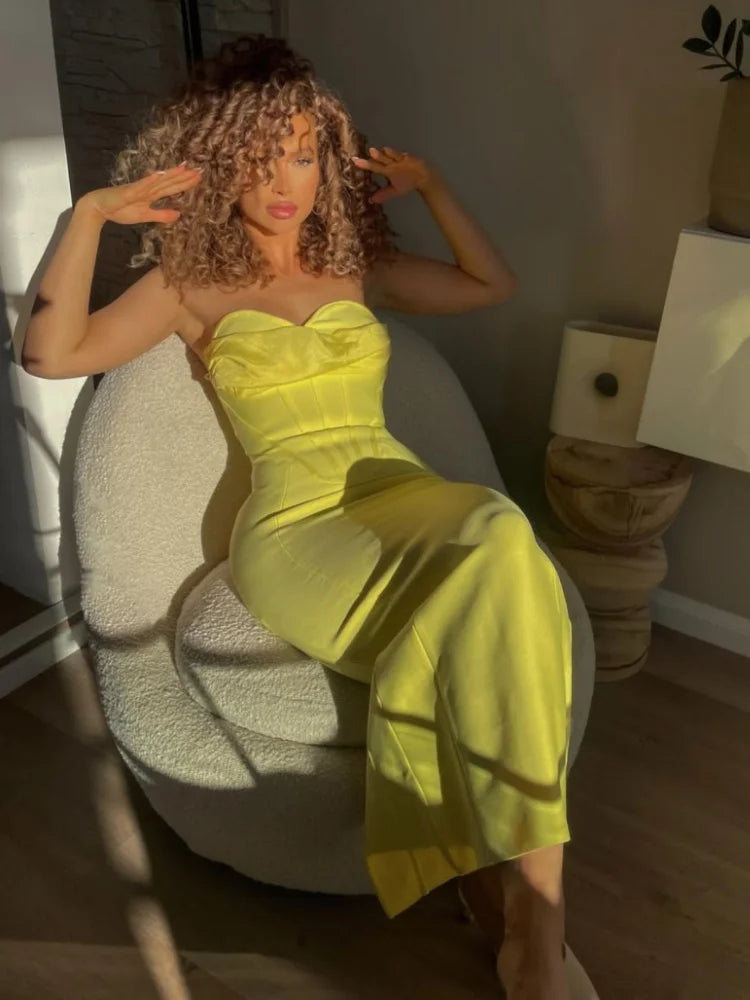 Strapless Yellow Bandage Midi Dress VestiVogue