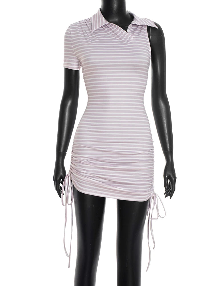 Asymmetrical Lapel Mini Dress with Drawstring Detail