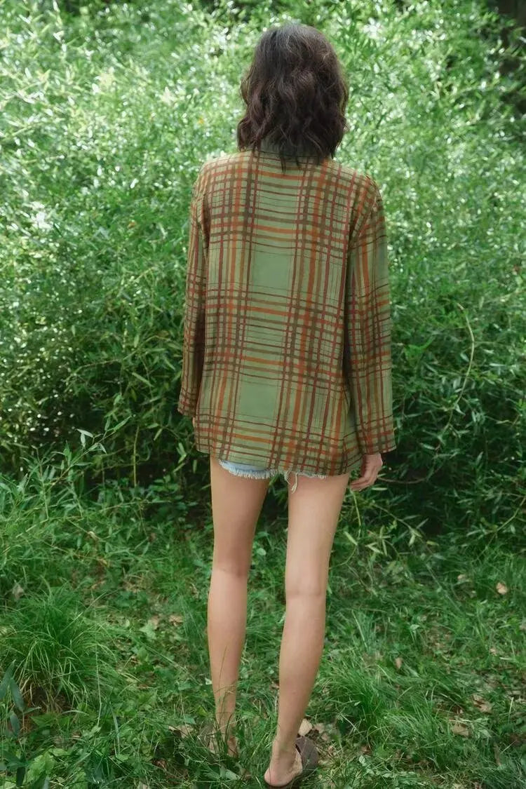 Plaid Double Breasted Blazer & Wide-Leg Trousers Set VestiVogue