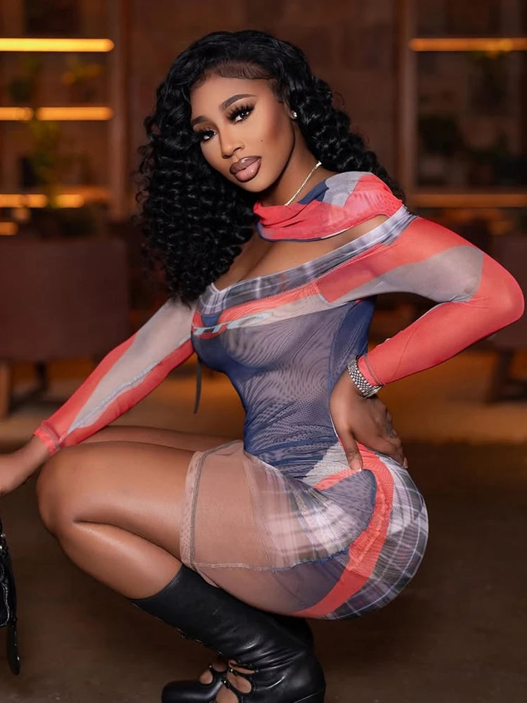 Mesh Panelled Mini Dress with Slashed Neck and Full Sleeves VestiVogue