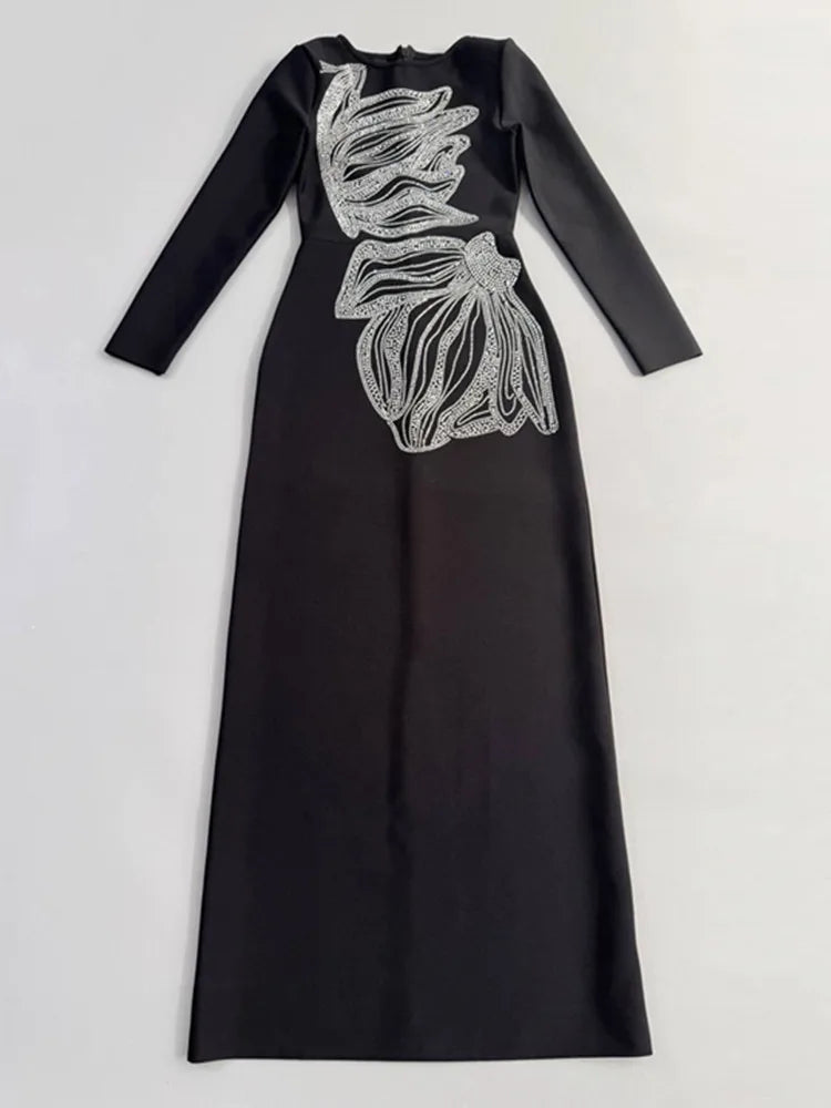 Elegant Black Long Sleeve Bodycon Maxi Dress with Beading Detail VestiVogue