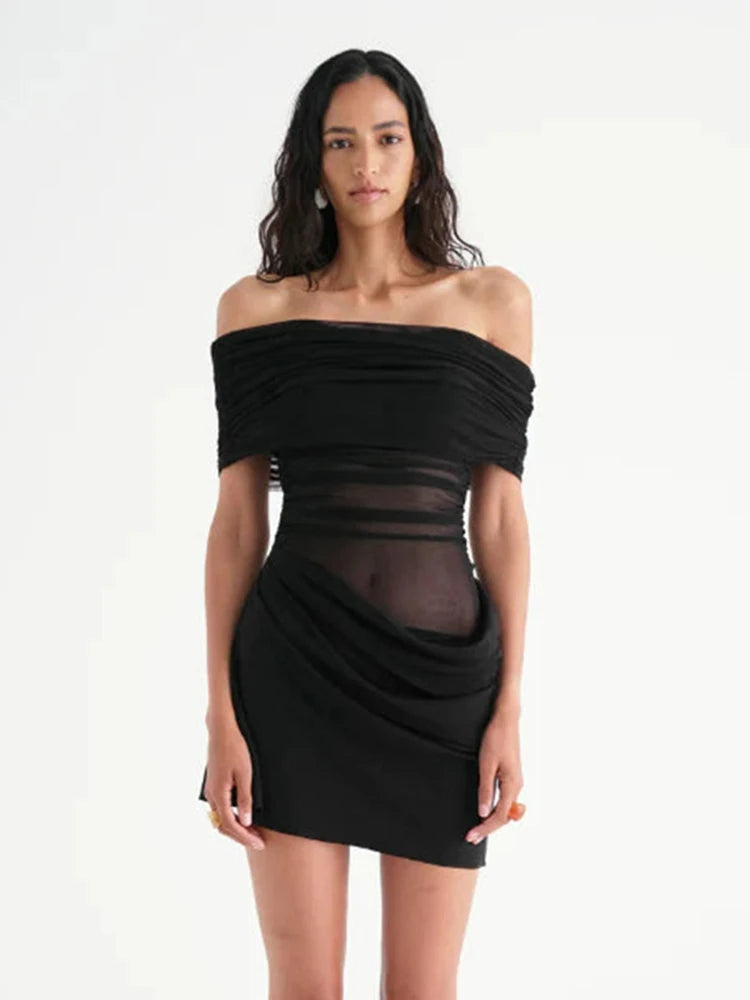 Off-Shoulder Sheer Pleated Bodycon Mini Dress VestiVogue black L