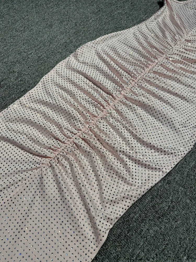 Backless Ruched Maxi Gown with Pink Diamond Detail VestiVogue