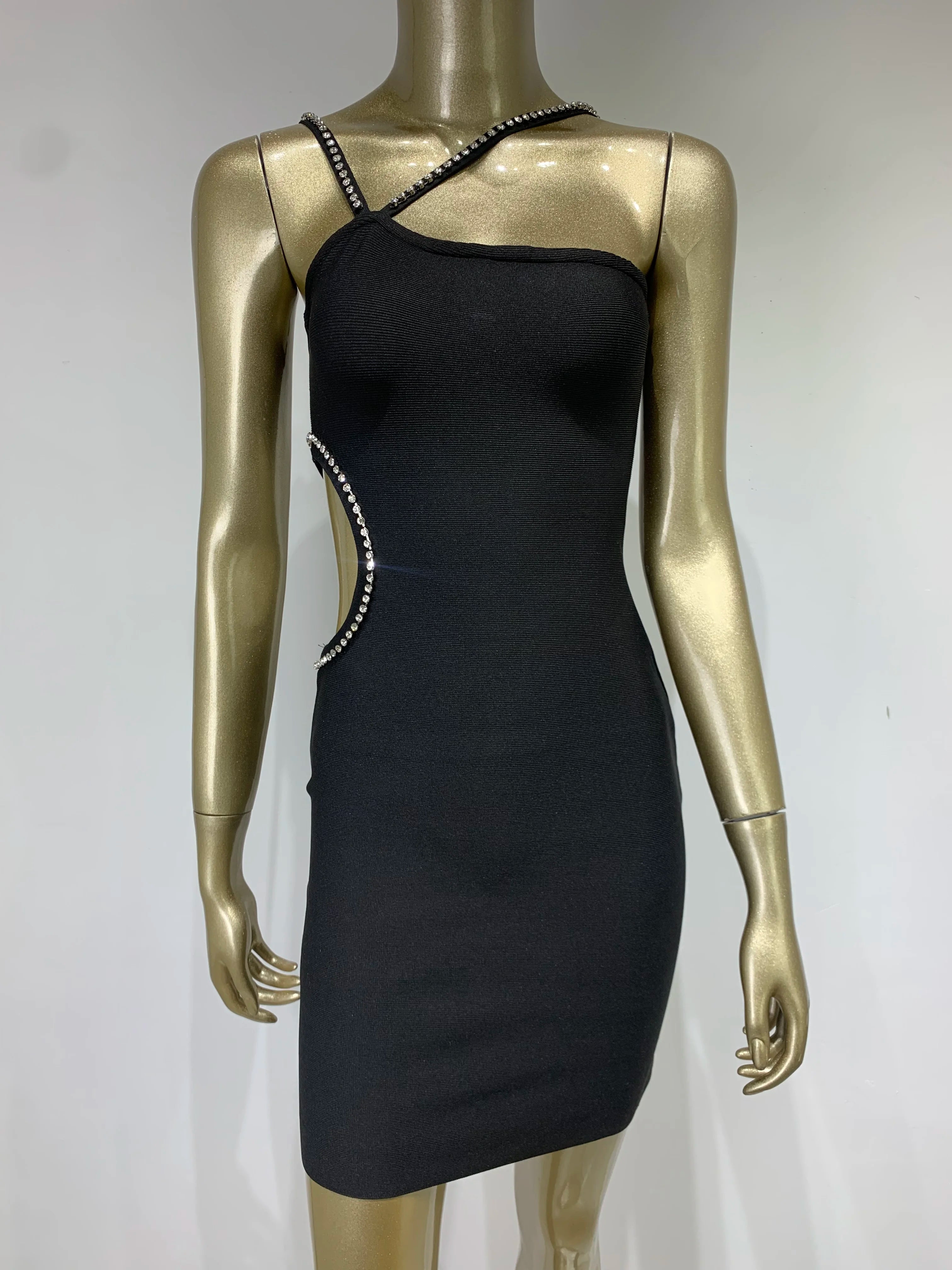 Elegant Black Diamond V-Neck Bodycon Dress VestiVogue