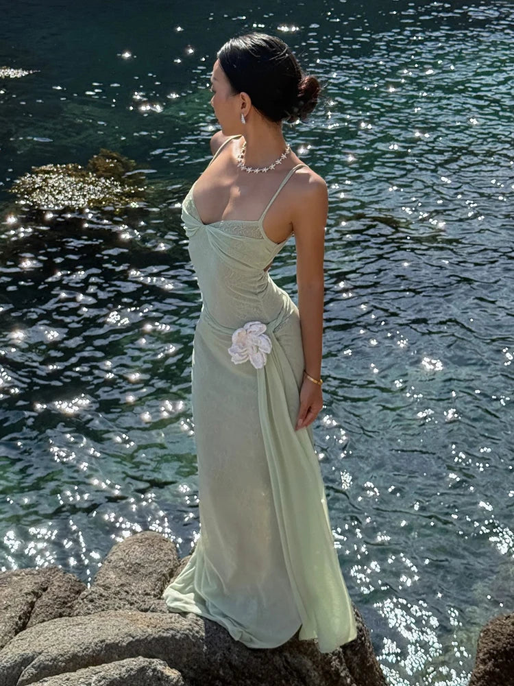 3D Floral Ruched Backless Long Dress VestiVogue