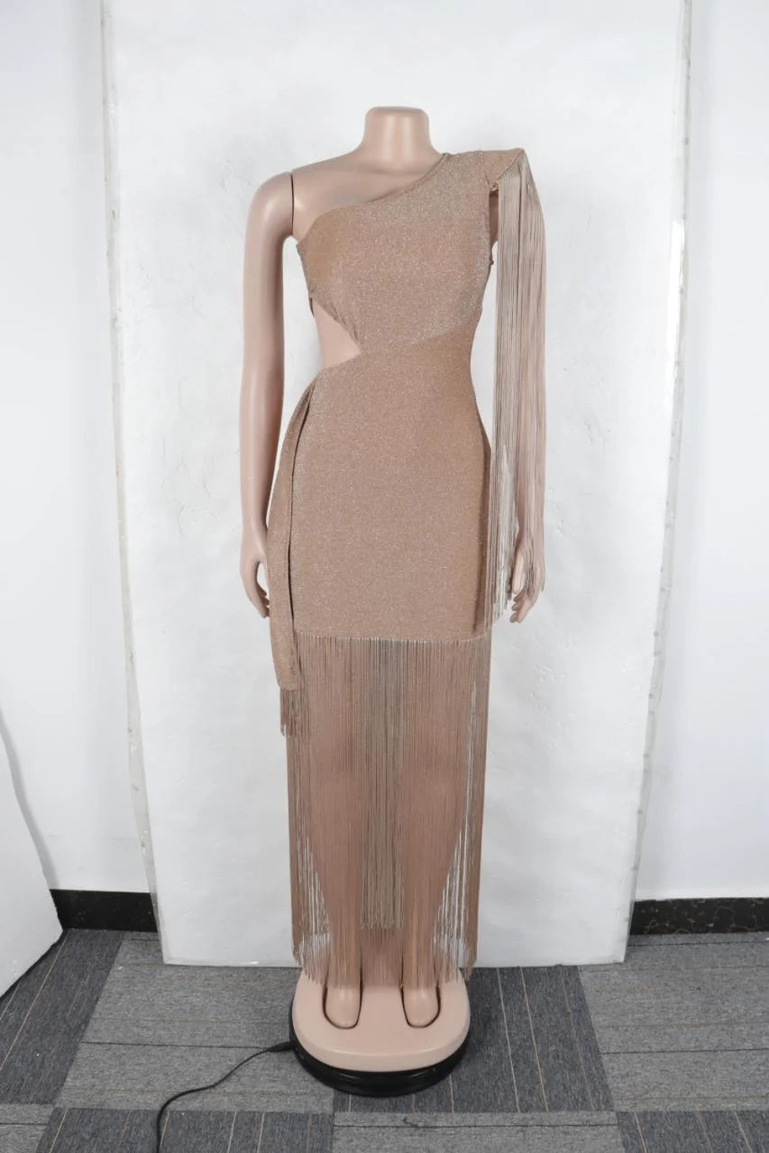 One Shoulder Fringe Maxi Dress with Hollow-Out and Tassels VestiVogue