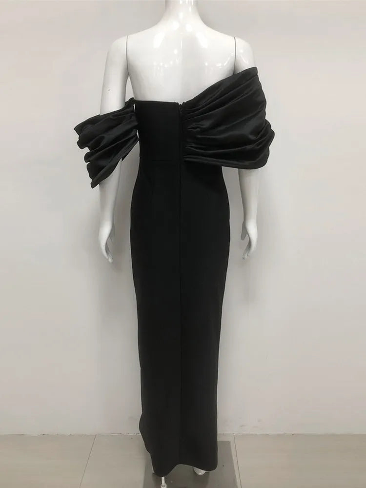 Off-Shoulder Beaded Split Bodycon Dress in Blue and Black VestiVogue