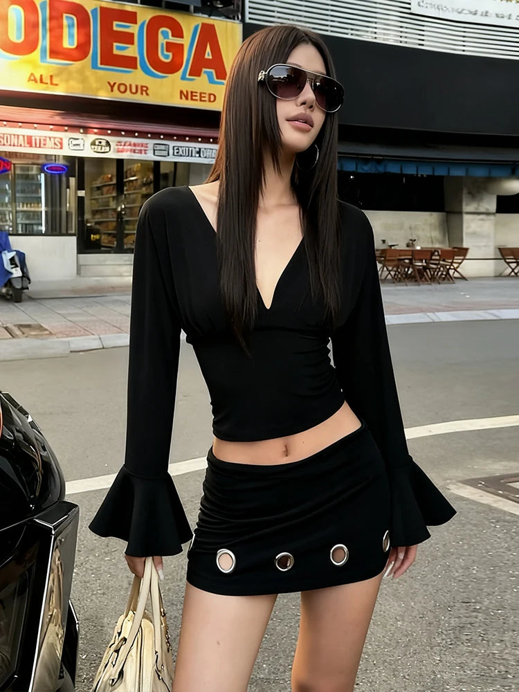 Backless Ruffle Sleeve 2-Piece Crop Top & Hollow Hip Skirt Set VestiVogue