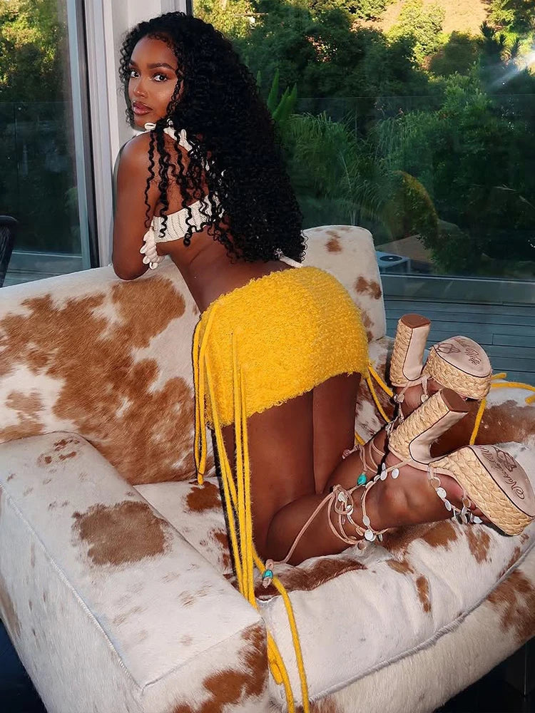 Furry Tassel Mini Skirt with Slim Fit VestiVogue