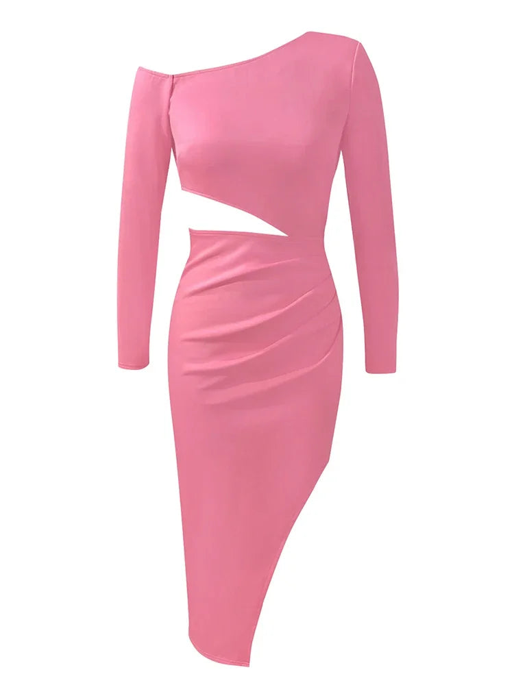 Asymmetrical Neck Cutout Backless Bodycon Dress VestiVogue Pink M