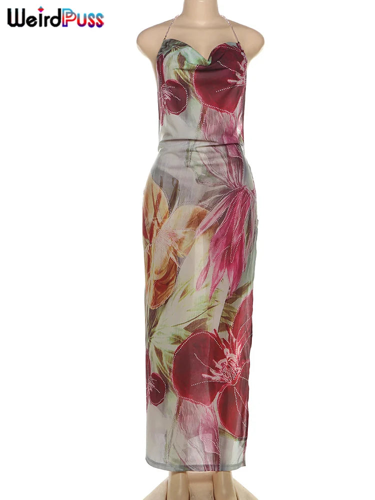 Floral Print Asymmetrical Halter Dress VestiVogue