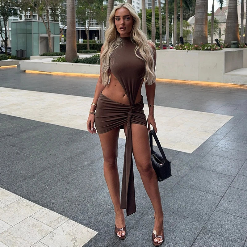 Chic Backless Pleated Irregular Dress with Flutter Details VestiVogue Brown L