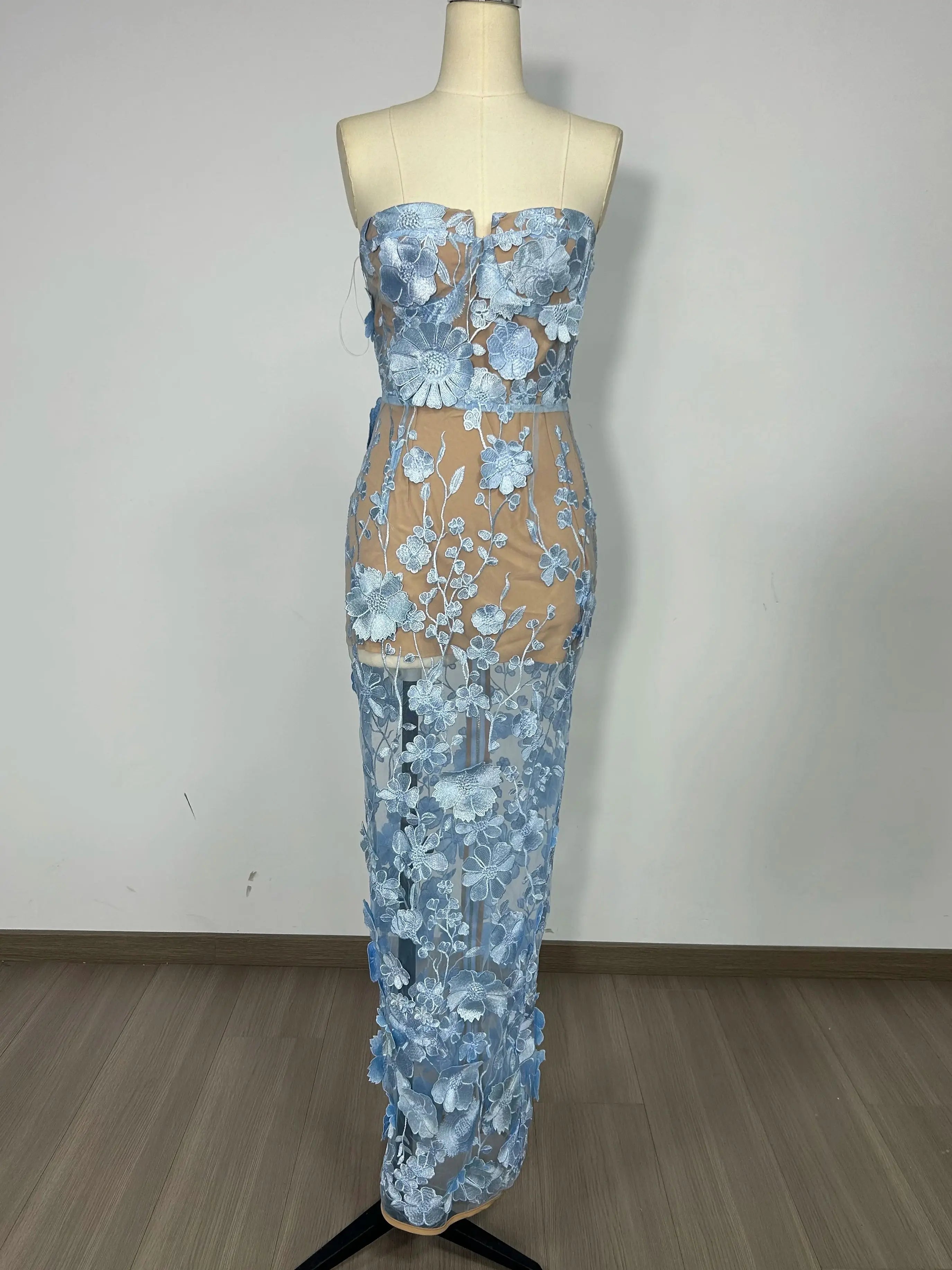 Strapless Embroidered Flower Bodycon Gown VestiVogue