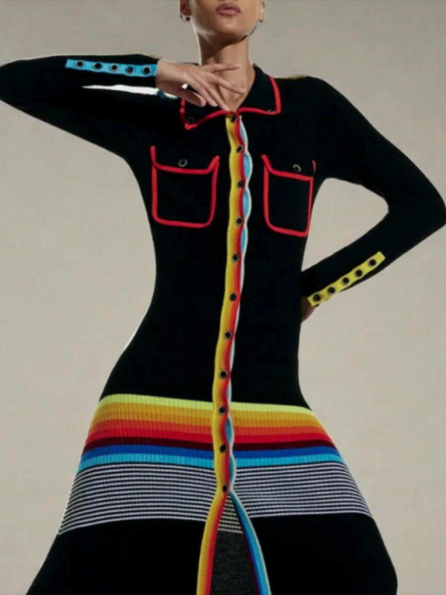 Colourful Striped Ankle-Length Skinny Dress with Lapel Neck and Pockets VestiVogue