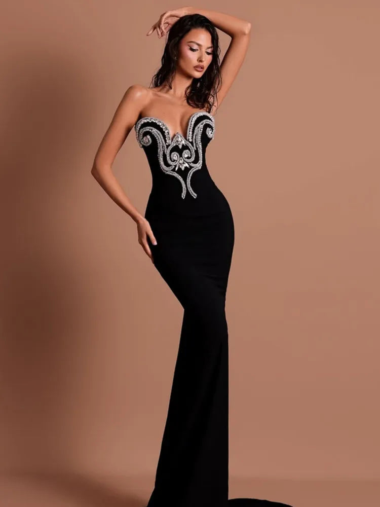 Strapless Black Beaded Bodycon Maxi Dress VestiVogue