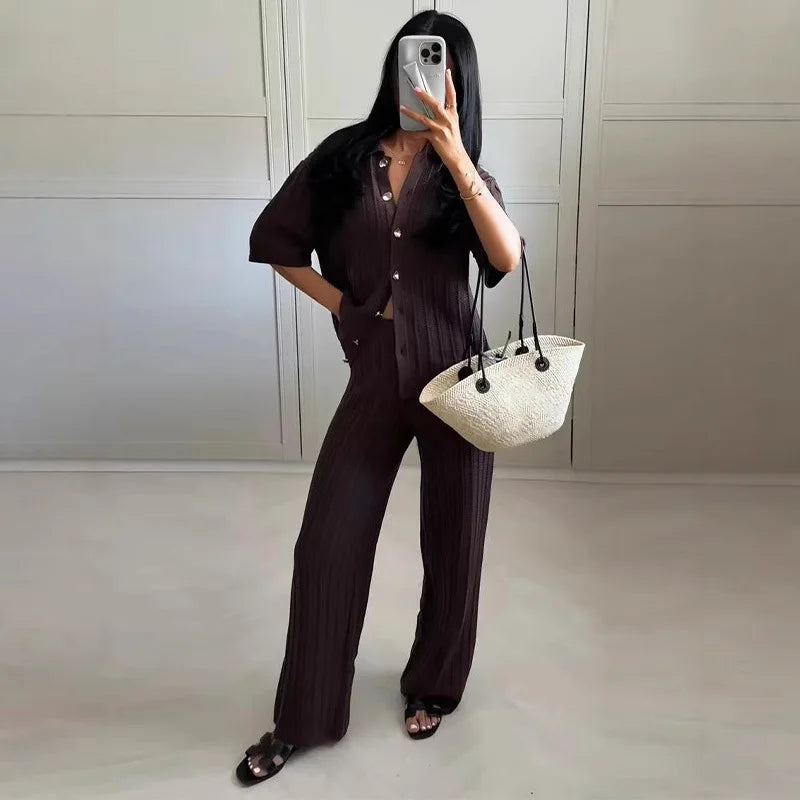 Brown Knitted Two-Piece Cardigan and Trousers Set VestiVogue