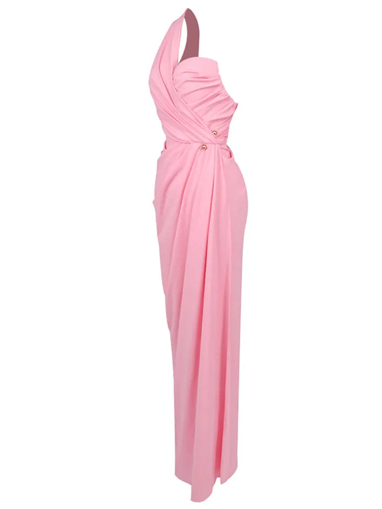 Elegant Pink Ruffle V-Neck Maxi Gown VestiVogue