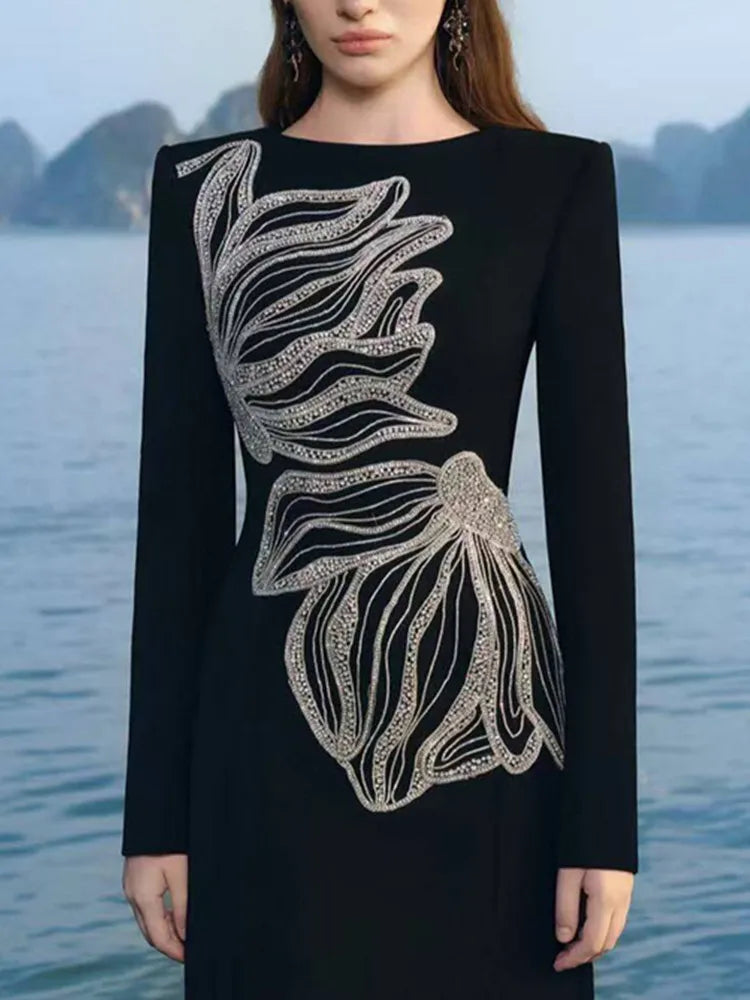 Elegant Black Long Sleeve Bodycon Maxi Dress with Beading Detail VestiVogue