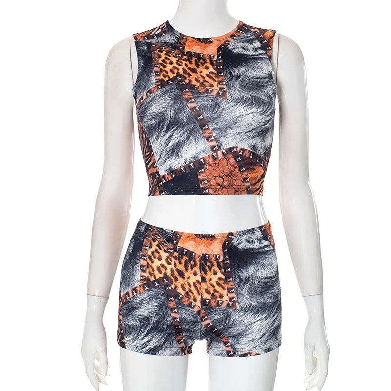 Leopard Print Sleeveless Tank Top & Mini Exposed Navel Shorts Set VestiVogue
