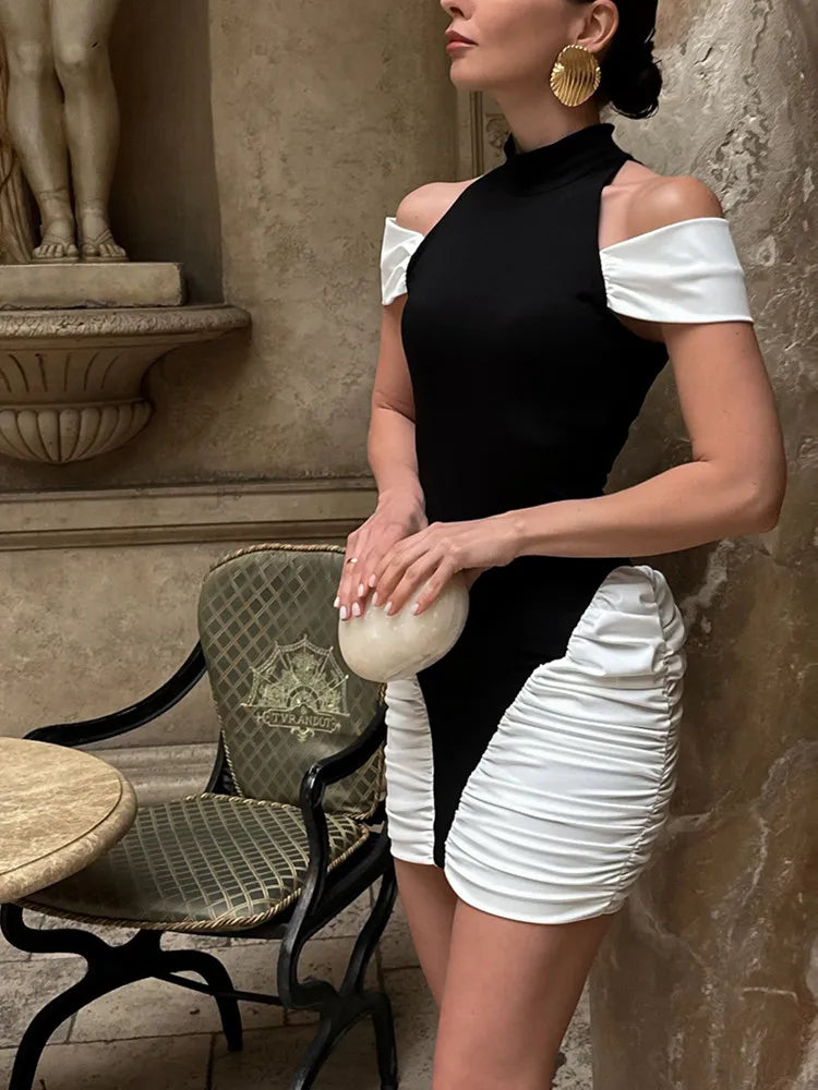 Chic Off-Shoulder Ruched Patchwork Mini Gown VestiVogue