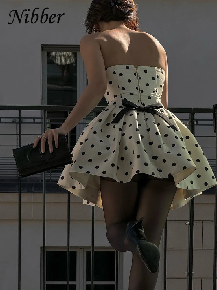 Dots Print Backless Mini Dress with Bow Applique and Ruffles VestiVogue