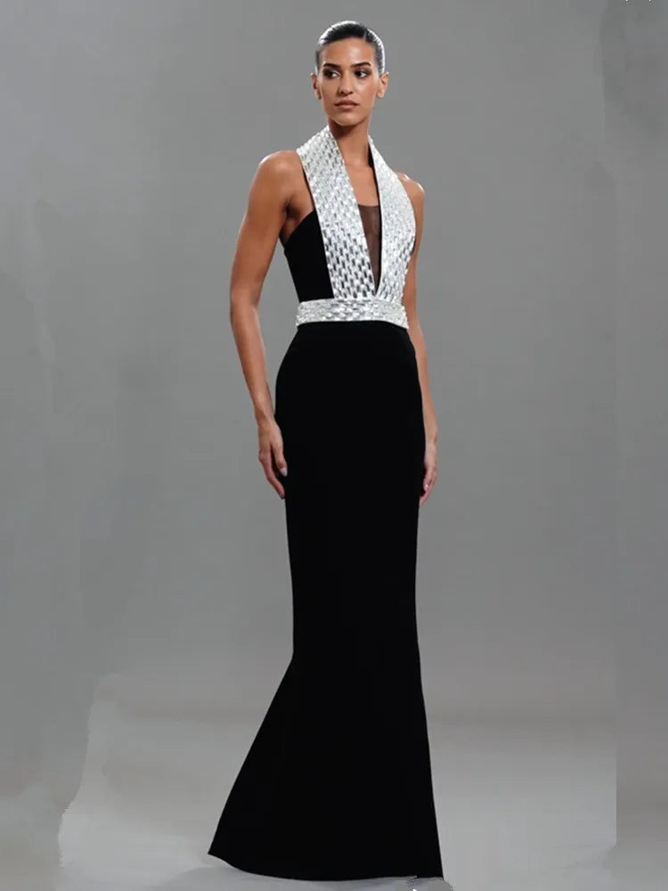 Black Backless Beaded Maxi Bodycon Dress VestiVogue