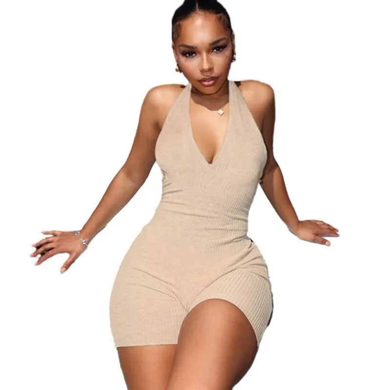 Ribbed Lace-up Backless Bodycon Romper VestiVogue