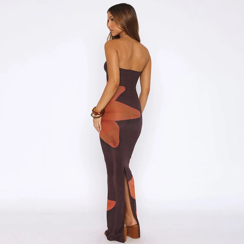 Strapless Floral Print Slim Fit Long Dress VestiVogue