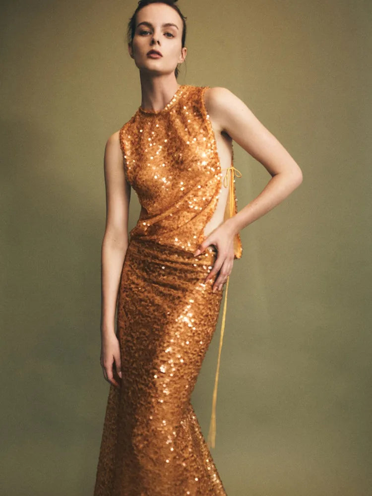 Elegant Orange Mesh Sequin Maxi Skirt Set VestiVogue Orange S