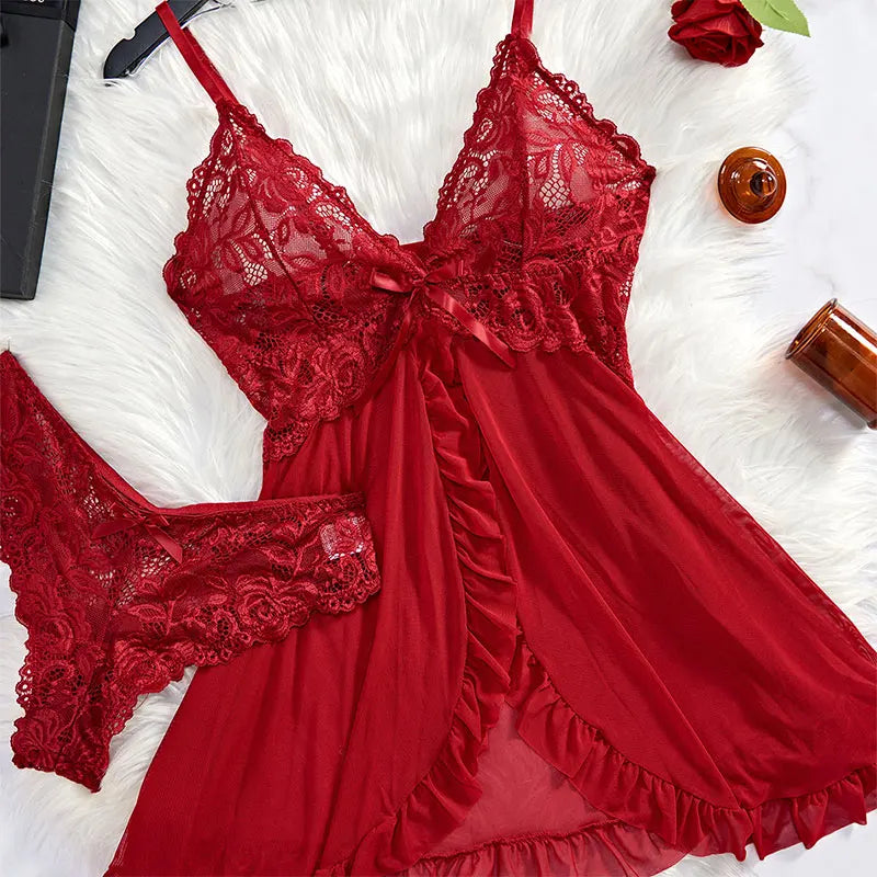 Elegant Lace Deep V Slip Dress & Thong Set VestiVogue