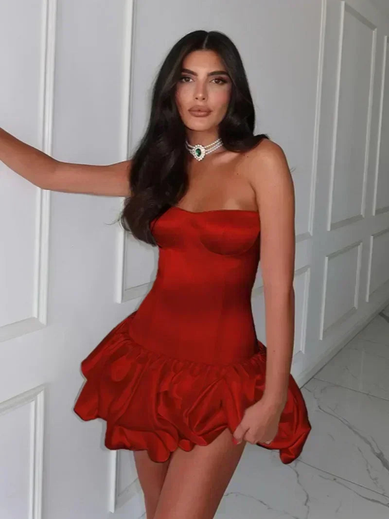 Red Strapless Mini Ruched Dress VestiVogue