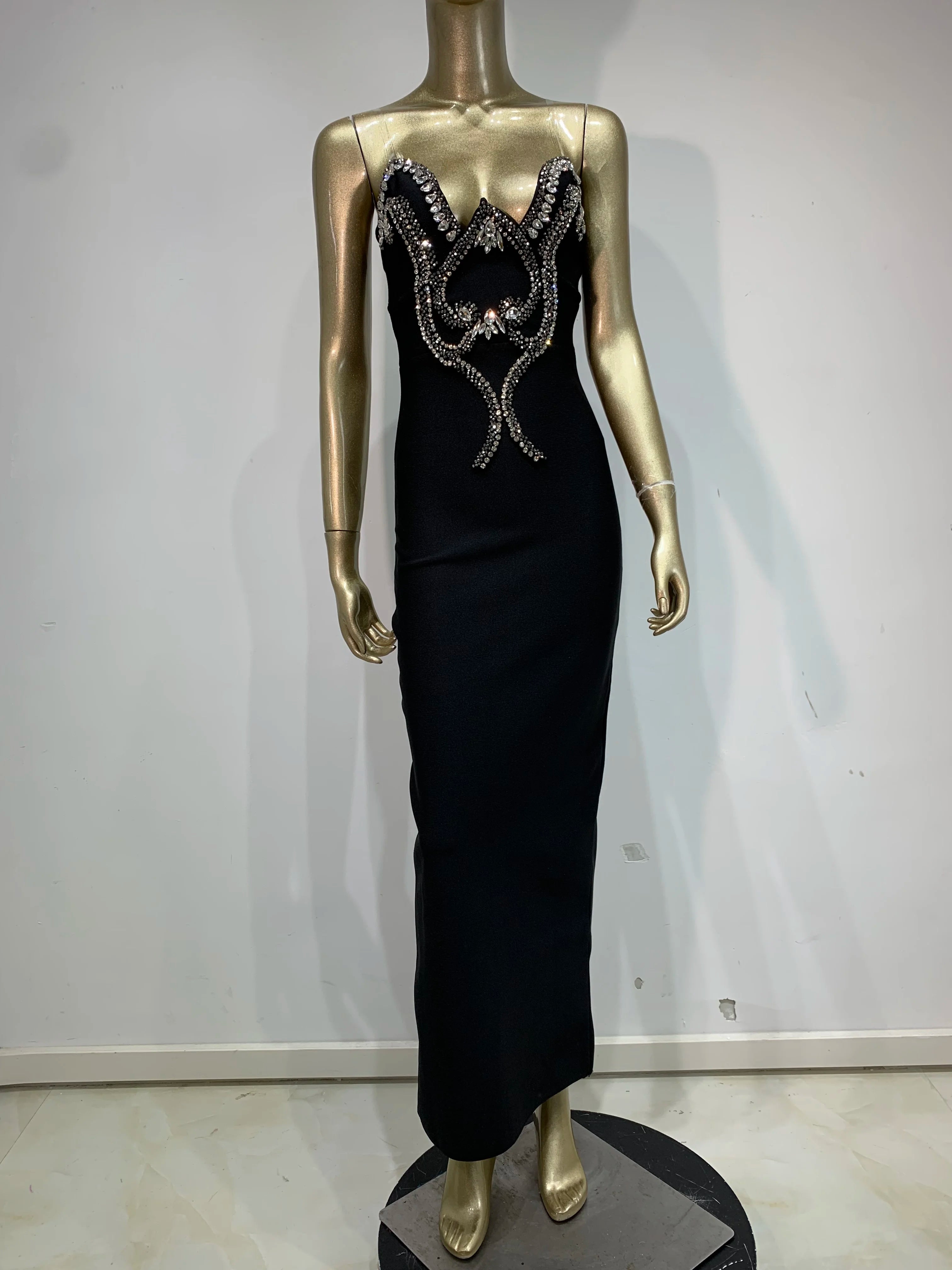 Strapless Black Beaded Bodycon Maxi Dress VestiVogue