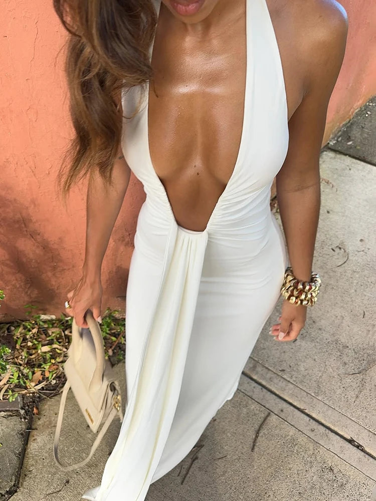 Deep V Neck Halter Ruched Summer Dress VestiVogue WHITE S