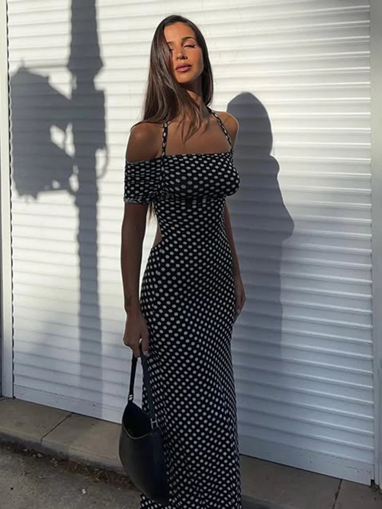 Polka Dot Off-Shoulder Backless Slit Bodycon Dress VestiVogue