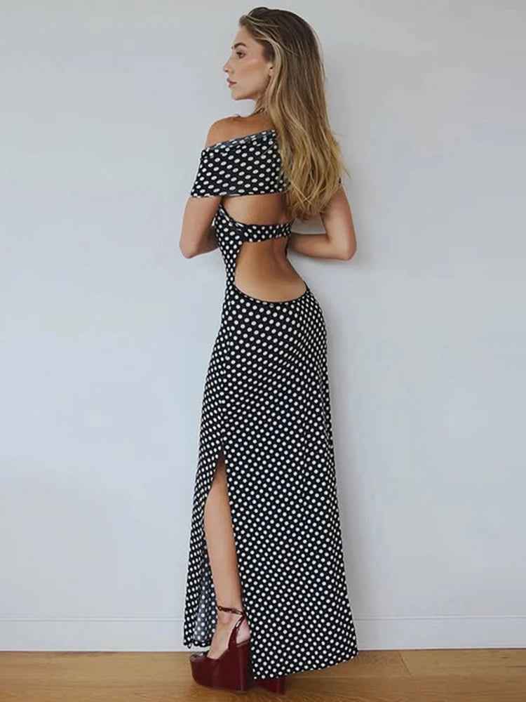 Polka Dot Off-Shoulder Backless Slit Bodycon Dress VestiVogue