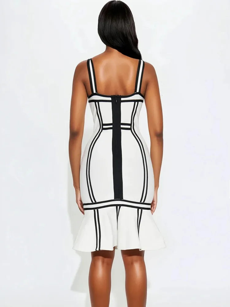 V Neck Striped Mermaid Midi Bodycon Dress VestiVogue