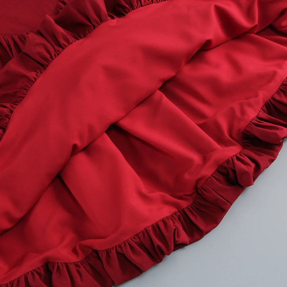 Burgundy Ruffles Strapless Mini Dress VestiVogue