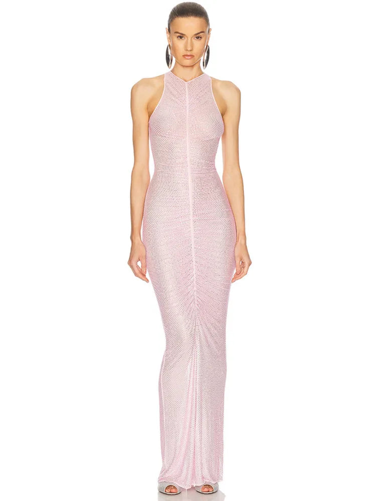 Backless Ruched Maxi Gown with Pink Diamond Detail VestiVogue Pink L