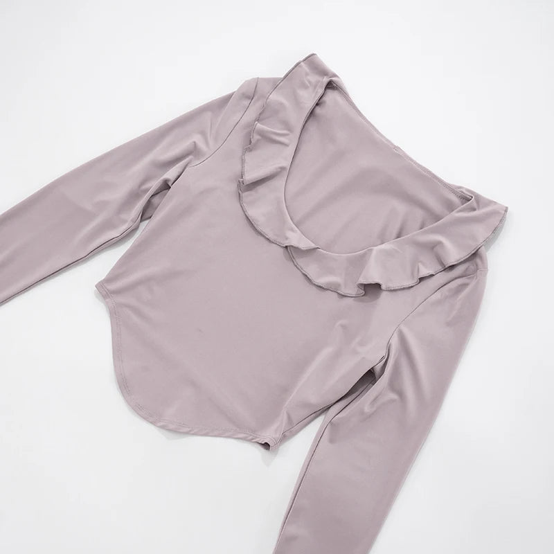 Ruffled Collar Slim Flare Top & High-Waisted Pants Set VestiVogue