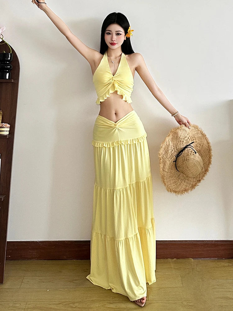 Chic Halter Ruffle Trim Two-Piece Summer Set VestiVogue
