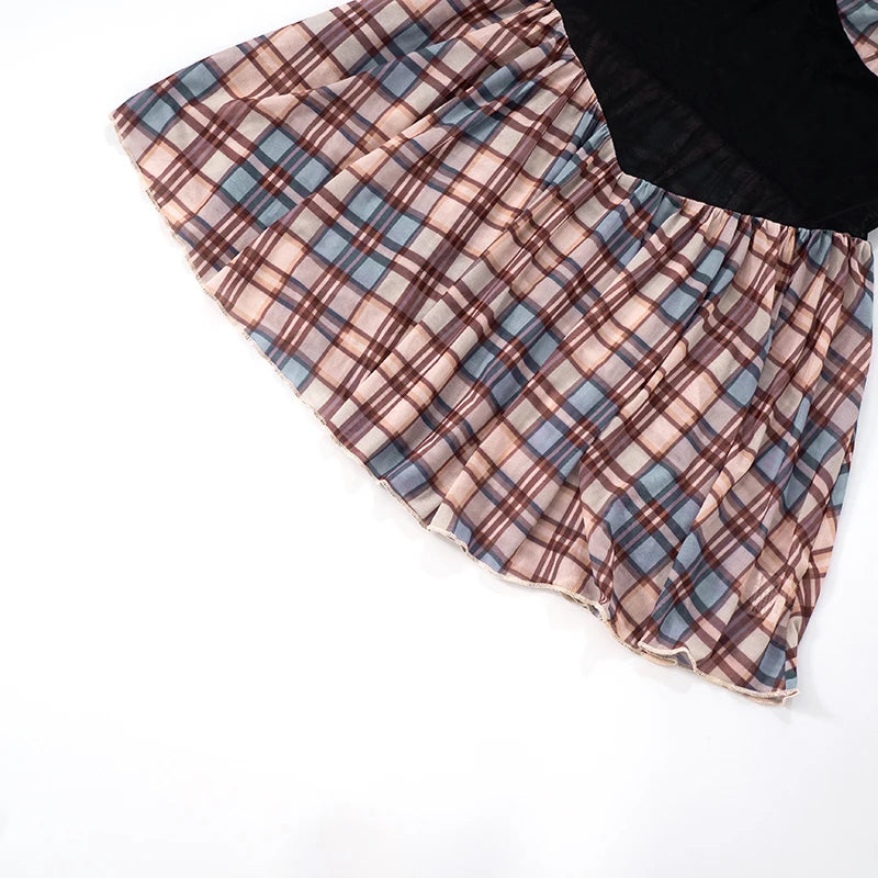 Plaid Mesh One-Shoulder Pleated Mini Dress VestiVogue