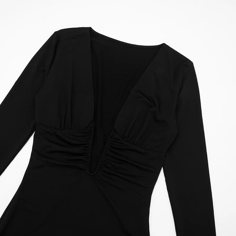 Hollow Out Deep V-Neck Gathered Waist Mini Dress VestiVogue