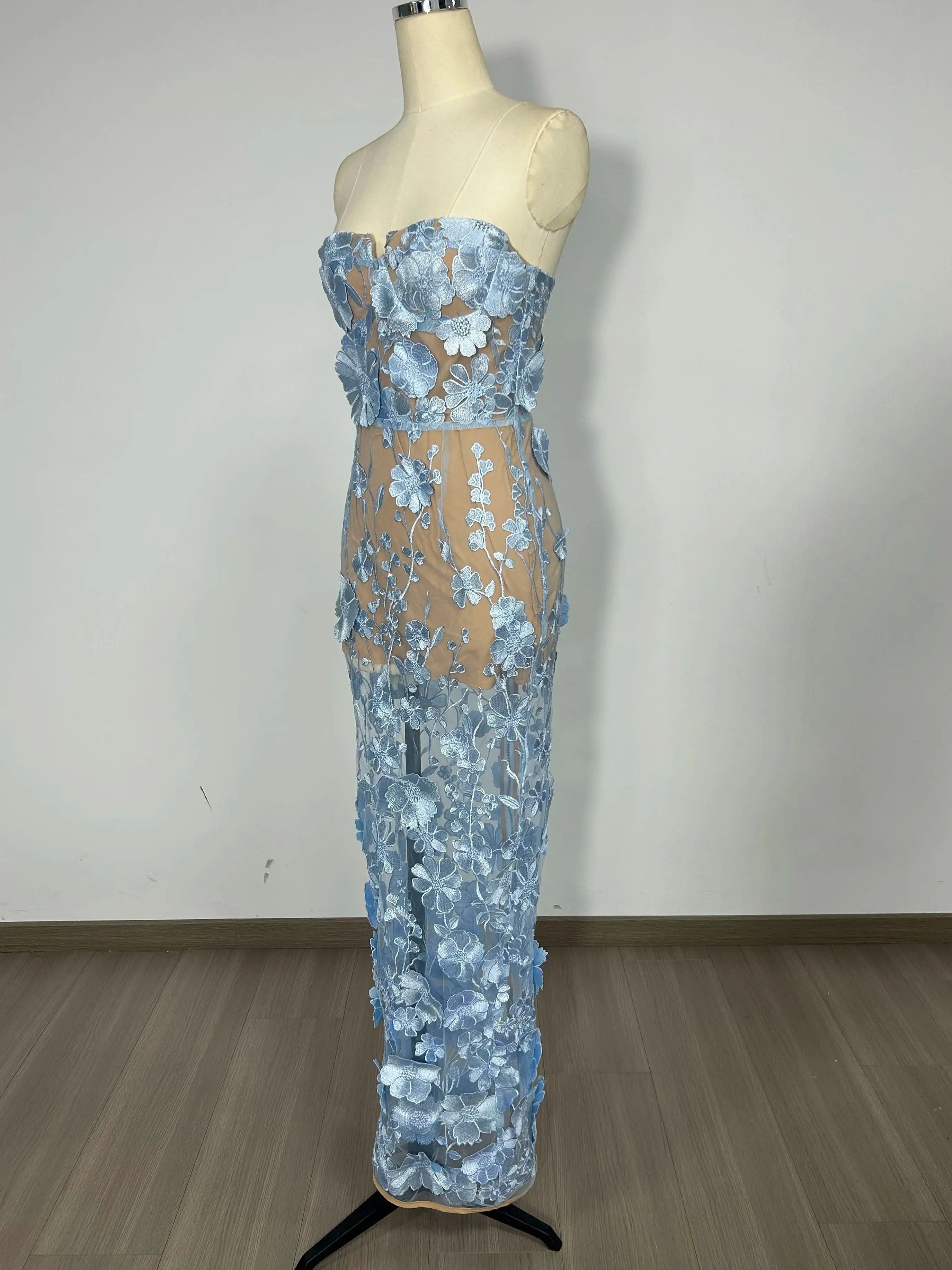 Strapless Embroidered Flower Bodycon Gown VestiVogue