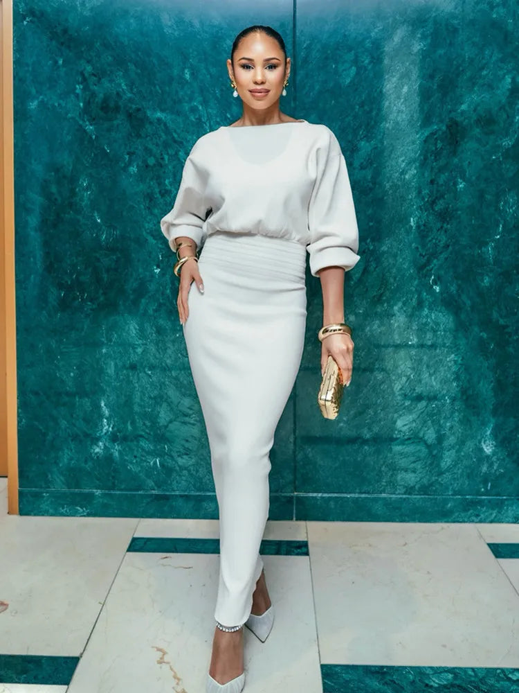 Sleek White Bodycon Maxi Gown with Long Sleeves VestiVogue