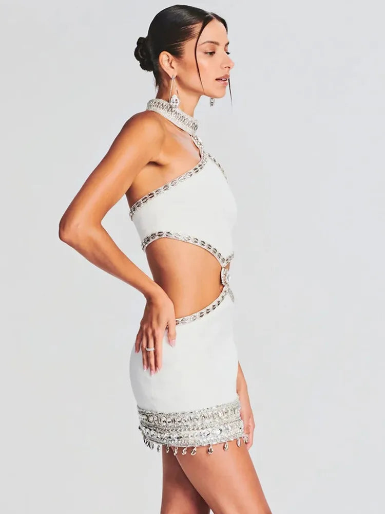 Dazzling Cut-Out Halter Bodycon Mini Dress with Crystal Embellishments VestiVogue