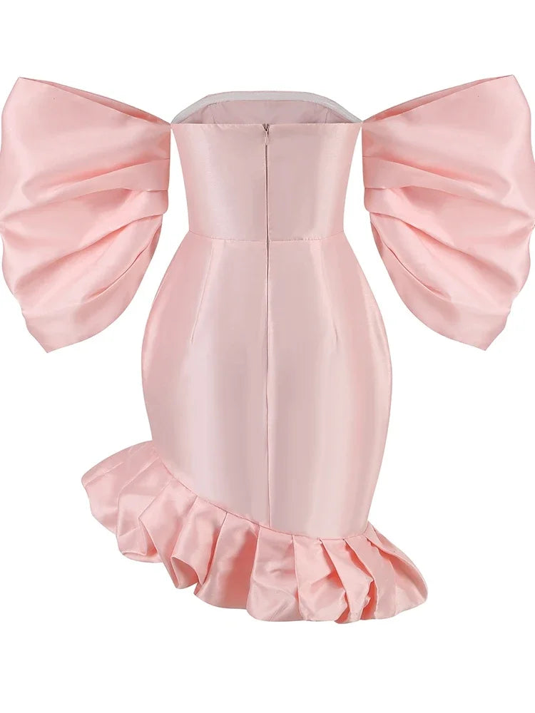 Elegant Off-Shoulder Pink Midi Puff Sleeve Bodycon Dress VestiVogue